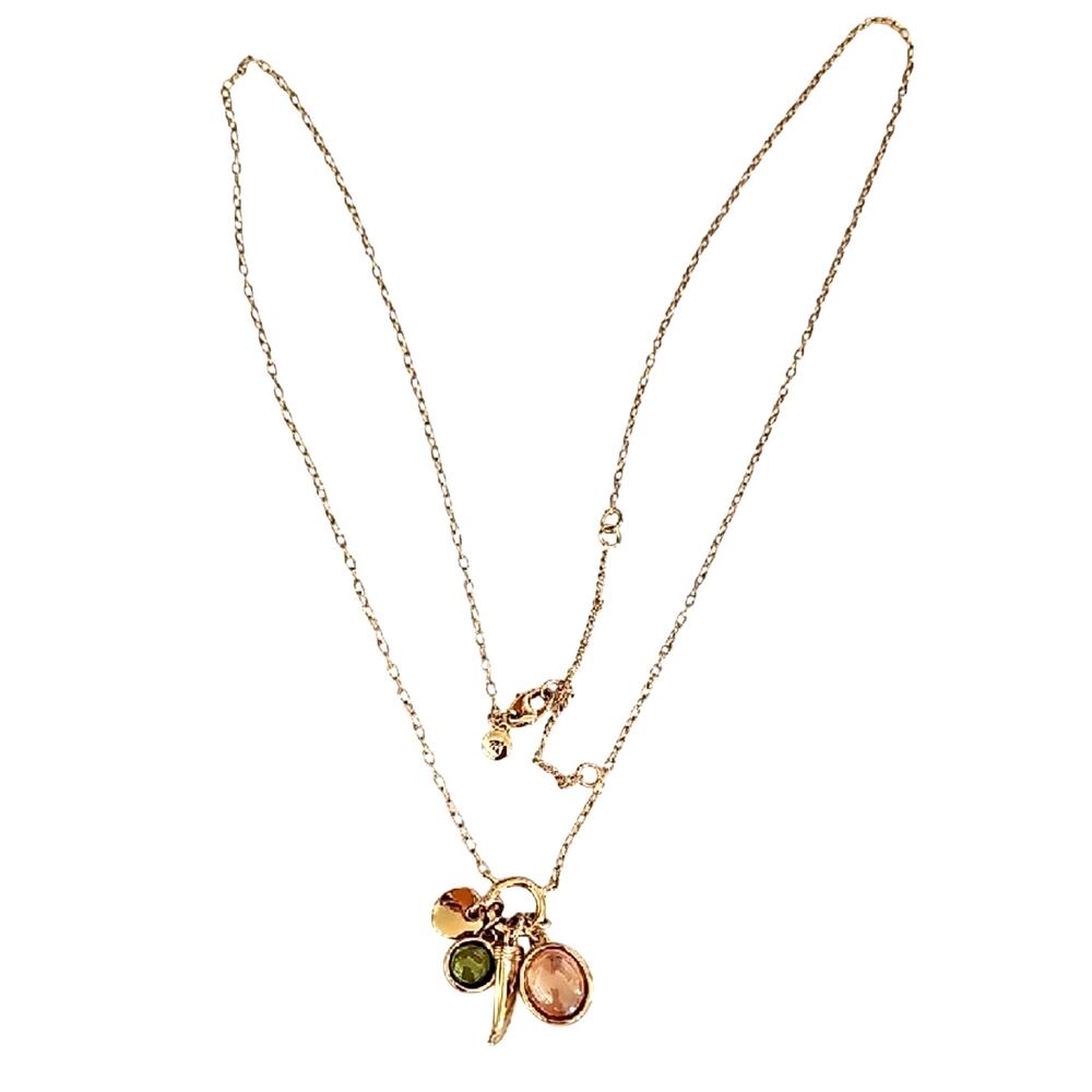 Madewell Goldtone Charm Necklace with Pink and Green Gemstones Goldtone Horn